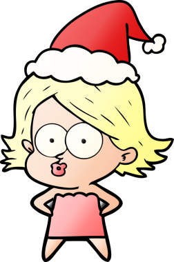 Bir insanın çizdiği Noel Baba şapkasıyla somurtan bir kızın el çizimi karikatürü.