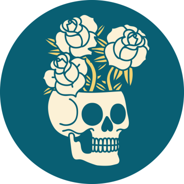 Bir insan tarafından çizilmiş kafatası ve güllerin ikonik dövme şekli