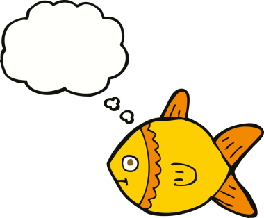 Bir insan tarafından çizilmiş düşünce baloncuklu çizgi film balığı.