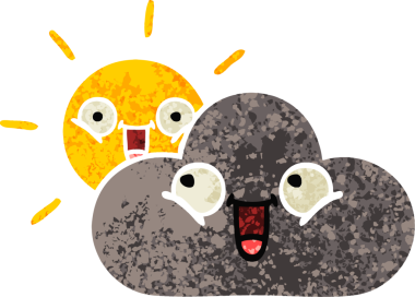 Bir insan tarafından çizilmiş fırtına bulutu ve güneşin retro çizim tarzı karikatürü.