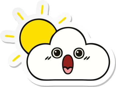 Bir insan tarafından çizilmiş şirin bir karikatür güneş ve bulut çıkartması.