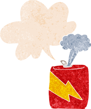 Bir insan tarafından çizilmiş grunge dertli retro desenli konuşma baloncuklu çizgi film soda kutusu.