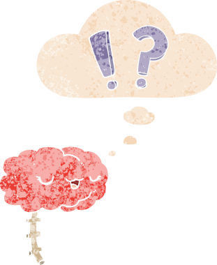 Düşünce baloncuklu çizgi film meraklısı bir beyin grunge sıkıntılı retro dokuma tarzı bir insan tarafından çizilmiş