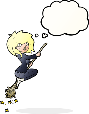 Bir insan tarafından çizilmiş düşünce balonuyla süpürgeye binen cadı çizgi filmi.