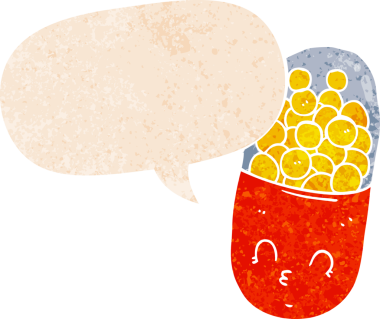 grunge ile konuşma balonu ile çizgi film hapı bir insan tarafından çizilmiş sıkıntılı retro biçimi