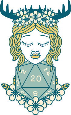 Retro Dövme Biçimi Yarı Ork Druid Bir insan tarafından çizilmiş 20 zar ile