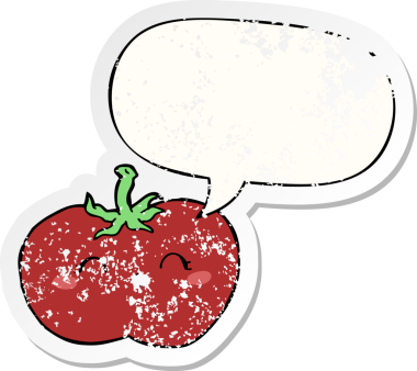 Konuşma baloncuklu çizgi film domatesi bir insan tarafından çizilmiş sıkıntılı eski bir çıkartma