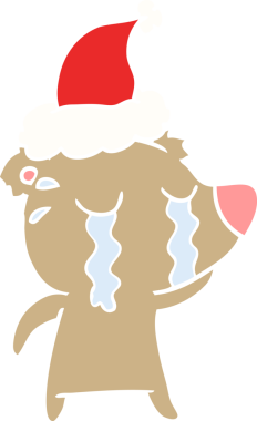 Bir insan tarafından çizilmiş Noel Baba şapkası takan ağlayan bir ayının düz renkli çizimi.