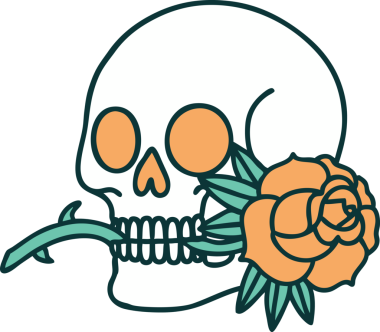 Bir insan tarafından çizilmiş bir kafatası ve gülün ikonik dövme şekli