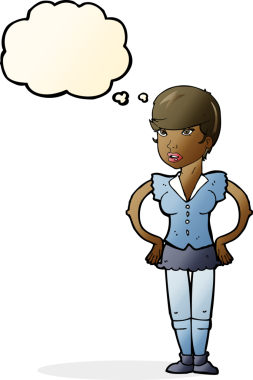 Bir insan tarafından çizilmiş düşünce baloncuğu olan elleri kalçasında çizgi film kadını.