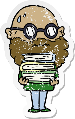 Bir çizgi film çıkartması sakallı ve bir insan tarafından çizilmiş bir yığın kitabı olan endişeli bir adam.