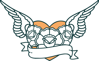 Bir insan tarafından çizilmiş çiçek ve bayrak ile uçan bir kalbin ikonik dövme görüntüsü