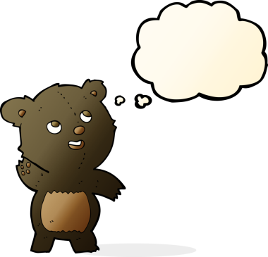 Bir insan tarafından çizilmiş düşünce balonlu siyah ayıcığını sallayan sevimli çizgi film.