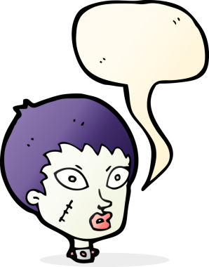 Bir insan tarafından çizilmiş konuşma balonlu dişi zombi kafası.