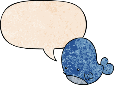 Konuşma baloncuğu olan karikatür balinası insan tarafından çizilmiş.