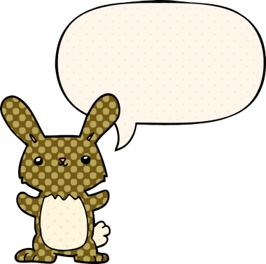 Bir insan tarafından çizilmiş çizgi roman tarzında konuşma balonu olan sevimli çizgi film tavşanı.