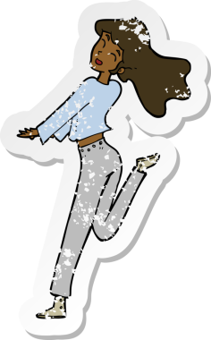 Çizgi filmin gerilimli yapıştırması. Mutlu kız, bir insan tarafından çizilmiş bacağı tekmeliyor.