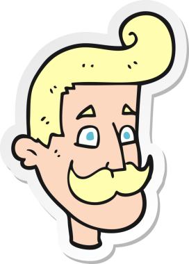 Bir insan tarafından çizilmiş bıyıklı bir karikatürcünün çıkartması.