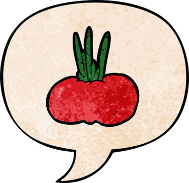 bir insan tarafından çizilmiş, retro dokuma tarzında konuşma baloncuklu sebze çizgi filmi.