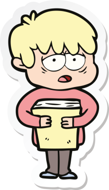 Çizgi film çıkartması. Elinde bir insan tarafından çizilmiş kitap tutan bitkin bir çocuk.