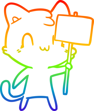 Gökkuşağı gradyan çizgi çizimi mutlu bir kedi ve bir insan tarafından çizilmiş boş tabela