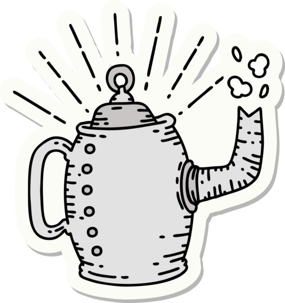 Bir insan tarafından çizilmiş dövme stili eski kahve demliği çıkartması.