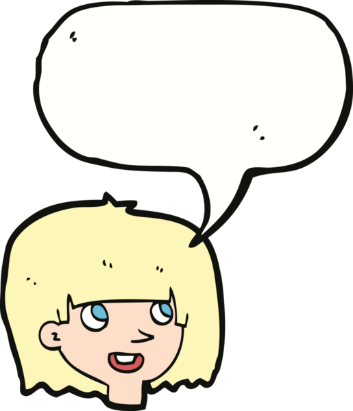 Bir insan tarafından çizilmiş konuşma balonlu mutlu kadın yüzü.