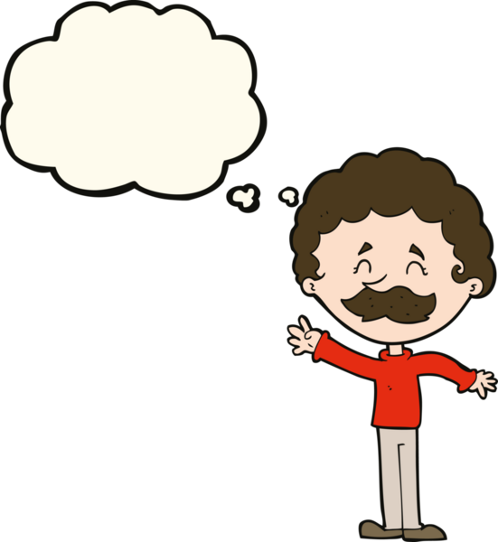 Bir insan tarafından çizilmiş düşünce baloncuğuyla bıyıklı çizgi film adamı.