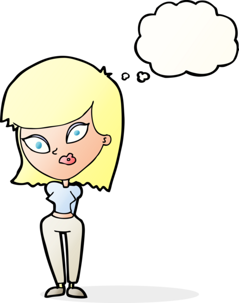 Bir insan tarafından çizilmiş düşünce baloncuğu olan kafası karışık bir kadın çizgi filmi.