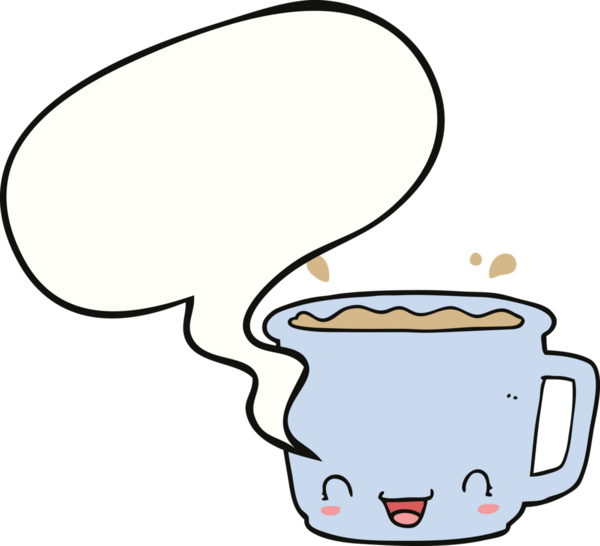 Bir insan tarafından çizilmiş, konuşma baloncuklu bir fincan kahve.