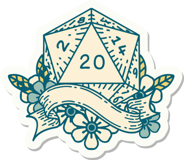 Bir insan tarafından çizilmiş 20 D20 zarının çıkartması.