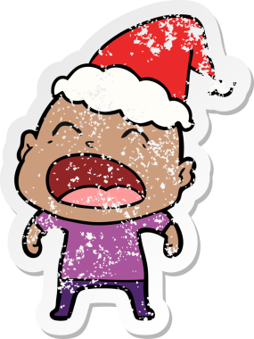 Bir insan tarafından çizilmiş Noel Baba şapkası giymiş bağıran kel bir adamın el yazısı.