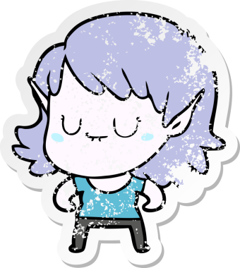 Bir insan tarafından çizilmiş mutlu bir elf kızının sıkıntılı çıkartması.