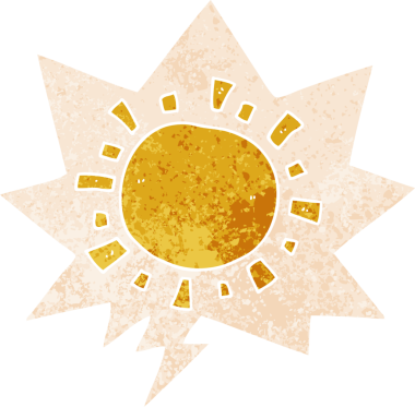 grunge 'da konuşma baloncuğu olan karikatür güneşi bir insan tarafından çizilmiş rahatsız edici retro stil.