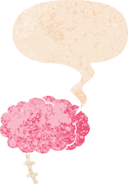 grunge 'da konuşma baloncuğu olan karikatür beyni bir insan tarafından çizilmiş gerilimli retro doku