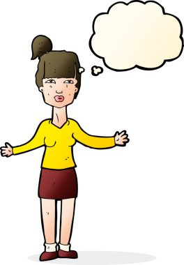 Bir insan tarafından çizilmiş düşünce baloncuğuyla omuz silken çizgi film kadını.