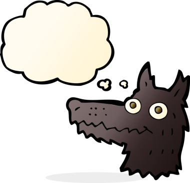 Bir insan tarafından çizilmiş düşünce balonlu bir kurt kafası.