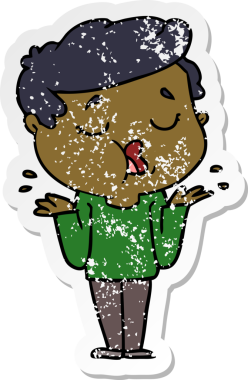 Bir insan tarafından çizilmiş, omuz silken, konuşan bir çizgi film karakterinin sıkıntılı çıkartması.