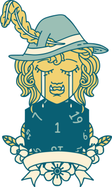 Retro Dövme Tarzı Ağlayan Ork Ozan Karakteri Bir insan tarafından çizilmiş doğal bir D20 rulo