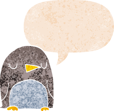 grunge 'da konuşma balonu olan karikatür pengueni bir insan tarafından çizilmiş tedirgin geçmiş dokulara sahip.