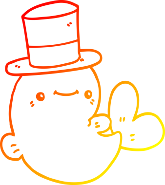 Bir insan tarafından çizilmiş silindir şapkalı şirin bir balinanın sıcak çizgi çizimi