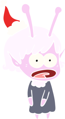 Bir insan tarafından çizilmiş Noel Baba şapkası giymiş şok olmuş bir uzaylı kızın el çizimi.