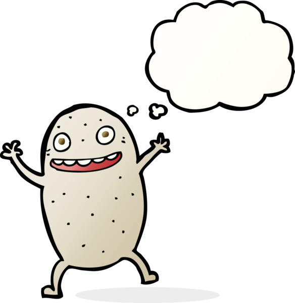Bir insan tarafından çizilmiş düşünce baloncuklu mutlu patates çizgi filmi.