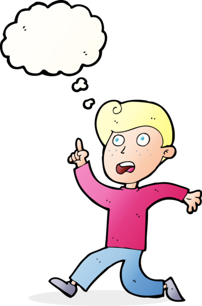 Bir insan tarafından çizilen düşünce baloncuğuyla panikleyen çizgi film çocuğu.