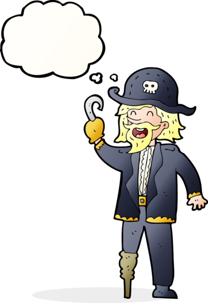 Bir insan tarafından çizilmiş düşünce balonlu korsan kaptan.