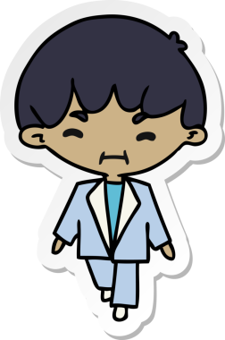 Etiket karikatür çizimi Kawaii takım elbiseli yakışıklı çocuk bir insan tarafından çizilmiş.