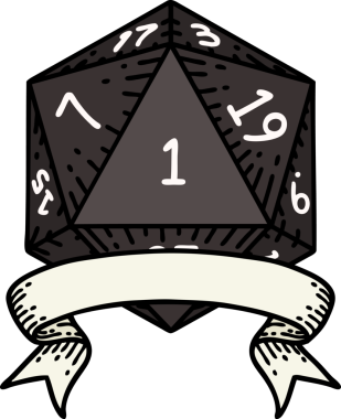 Retro Dövme Biçimi Doğal Bir d20 zar bir insan tarafından çizildi