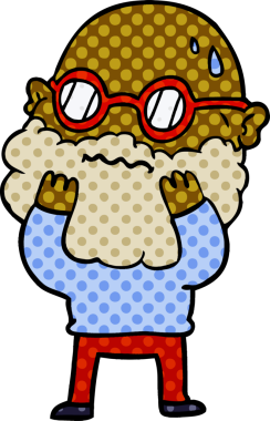 Bir insan tarafından çizilmiş sakallı ve gözlüklü endişeli bir adam.