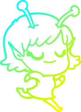 Bir insan tarafından çizilen gülümseyen uzaylı kız çizgi filminin soğuk gradyan çizimi