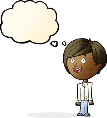 Mutlu çizgi film, bir insan tarafından çizilmiş düşünce balonuyla şaşırmış çocuk.